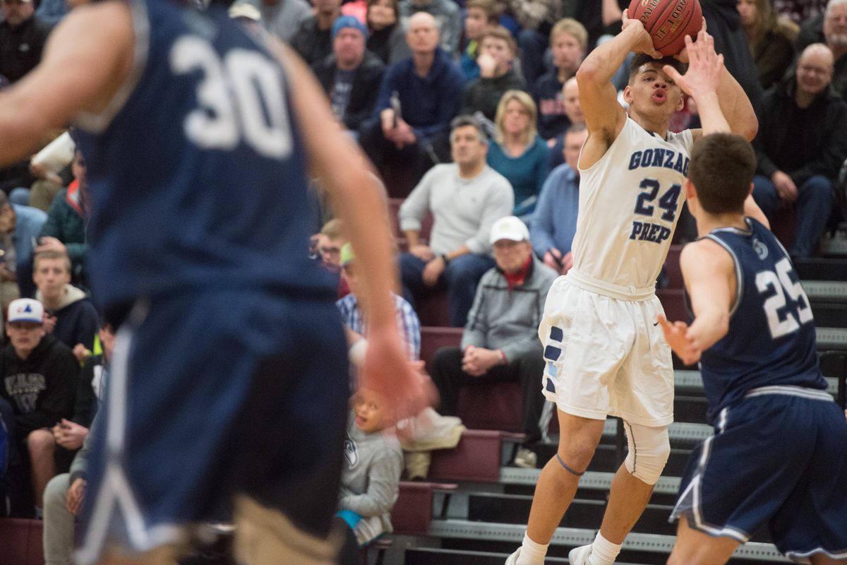 Gonzaga Prep guard Sam Lockett (24) shoots against Glacier Peak during a high school basketball game on Friday, Feb. 24, 2017, at University High School n Spokane Valley, Wash. (Tyler Tjomsland / The Spokesman-Review)