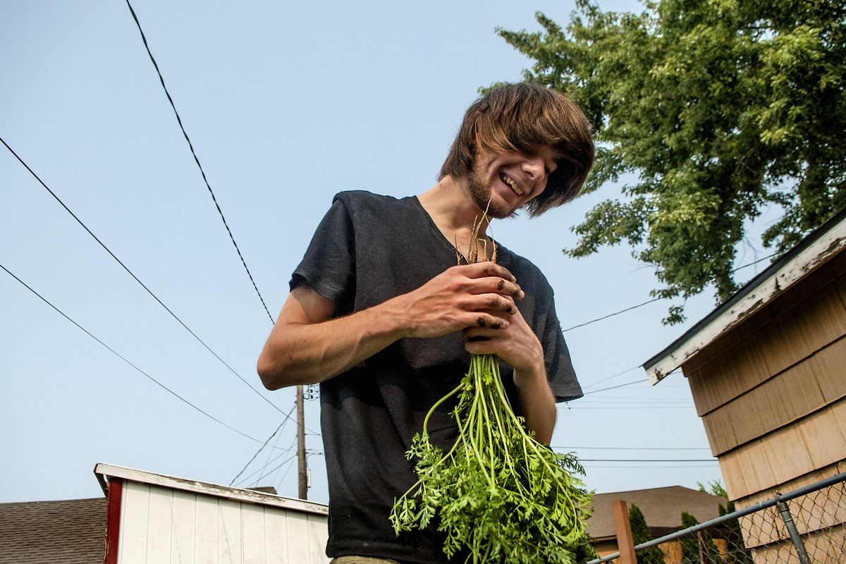 Growing Neighbors volunteer Brandon Gibson smiles as he collects carrots to take to a farmers market on Friday, August 11, 2017. Growing Neighbors is a new initiative that takes people