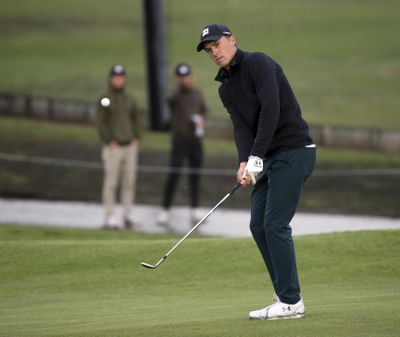 Jordan Spieth hits to the second green for a birdie during the first round of the Genesis Open golf tournament at Riviera Country Club in the Pacific Palisades area of Los Angeles on Thursday, Feb. 14, 2019. (Reed Saxon / Associated Press)