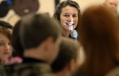 
Michelle Faucher-Sharples addressed the crowd at Bryan Elementary after she accepted the Outstanding Teaching of the Humanities award given by the Idaho Humanities Council.  
 (Kathy Plonka / The Spokesman-Review)