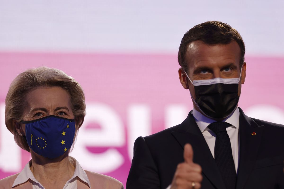 European Commission President Ursula von der Leyen and French President Emmanuel Macron attend Europe Day ceremony and the Future of Europe conference at the European Parliament in Strasbourg, eastern France, Sunday, May 9, 2021.  (Jean-Francois Badias)