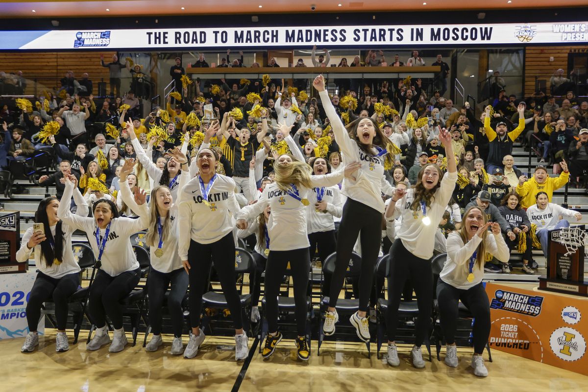 The Idaho women’s basketball team celebrates during a watch party for the NCAA Tournament Selection Sunday at the ICCU Arena in Moscow, Idaho. Idaho will play Oklahoma in the first round of the tournament.  (Geoff Crimmins/For The Spokesman-Review)