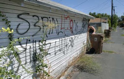 
The owner of this garage near the corner of Lindeke and Mallon in Spokane believes kids sprayed graffiti on it in late May. 
 (Dan Pelle / The Spokesman-Review)