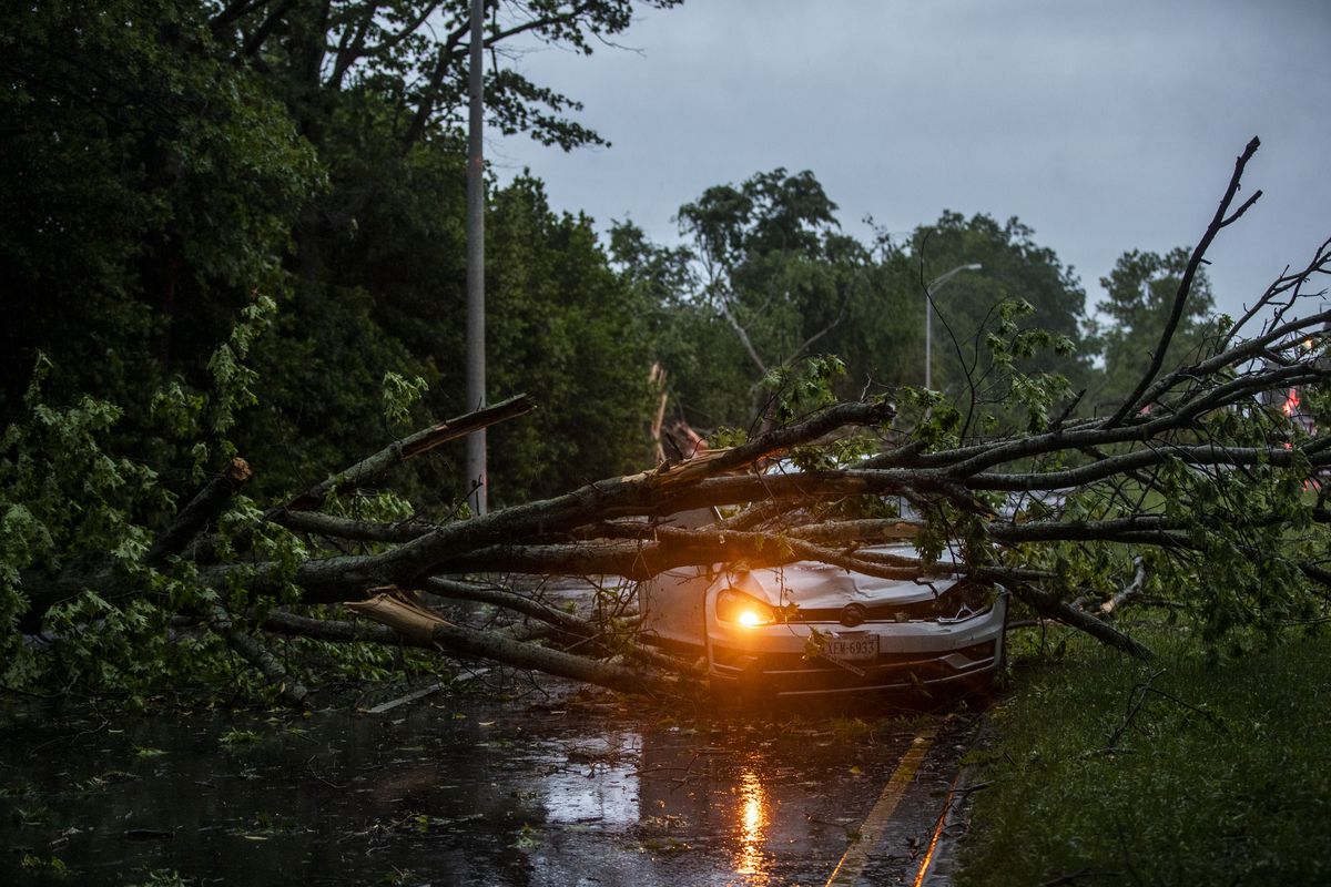 A vehicle is crushed by a fallen tree on N Great Neck Road in Virginia Beach, Va. on Sunday as a result of a strong storm that ripped through the area.  (Kendall Warner/The Virginian-Pilot/TNS)