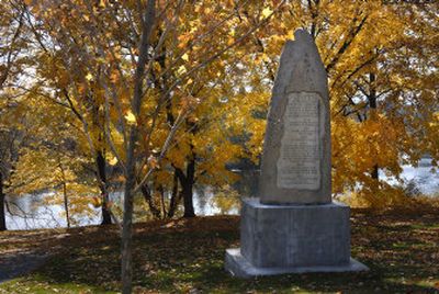 
A 1938 monument in Plantes Ferry Park marks the place where Antoine Plante erected the first residence and river ferry in Spokane Valley.   
 (Holly Pickett / The Spokesman-Review)