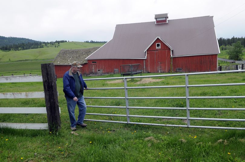 Doug Scott closes the gate to a pasture at his Mica/Valleyford farm off Jackson Road. The three-story barn was built on what began as the California Ranch in the 1870s. It was used as a way station for the Kentuck Trail. (J. Bart Rayniak)