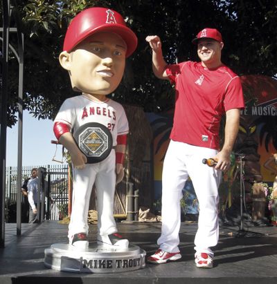 Mike Trout has become a larger-than-life ballplayer, and now has a bobblehead doll befitting his status. The Los Angeles Angels unveiled a “life-size” bobblehead doll of Trout at Angel Stadium on Friday. The 6-foot-2 doll stands on a base, making him slightly taller than Trout, the reigning A.L. MVP and two-time All-Star Game MVP. The Angels had the doll built in China when they noticed their fans’ passion for taking photos with a tall Mickey Mouse statue outside Angel Stadium. (Associated Press)