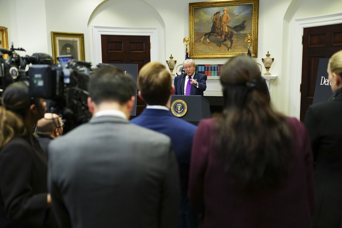 President Donald Trump speaks during announcement on greenhouse gas regulation in the Roosevelt Room of the White House in Washington, on Thursday, Feb. 12, 2026. President Trump on Thursday announced he was erasing the scientific finding that climate change endangers human health and the environment, ending the federal government