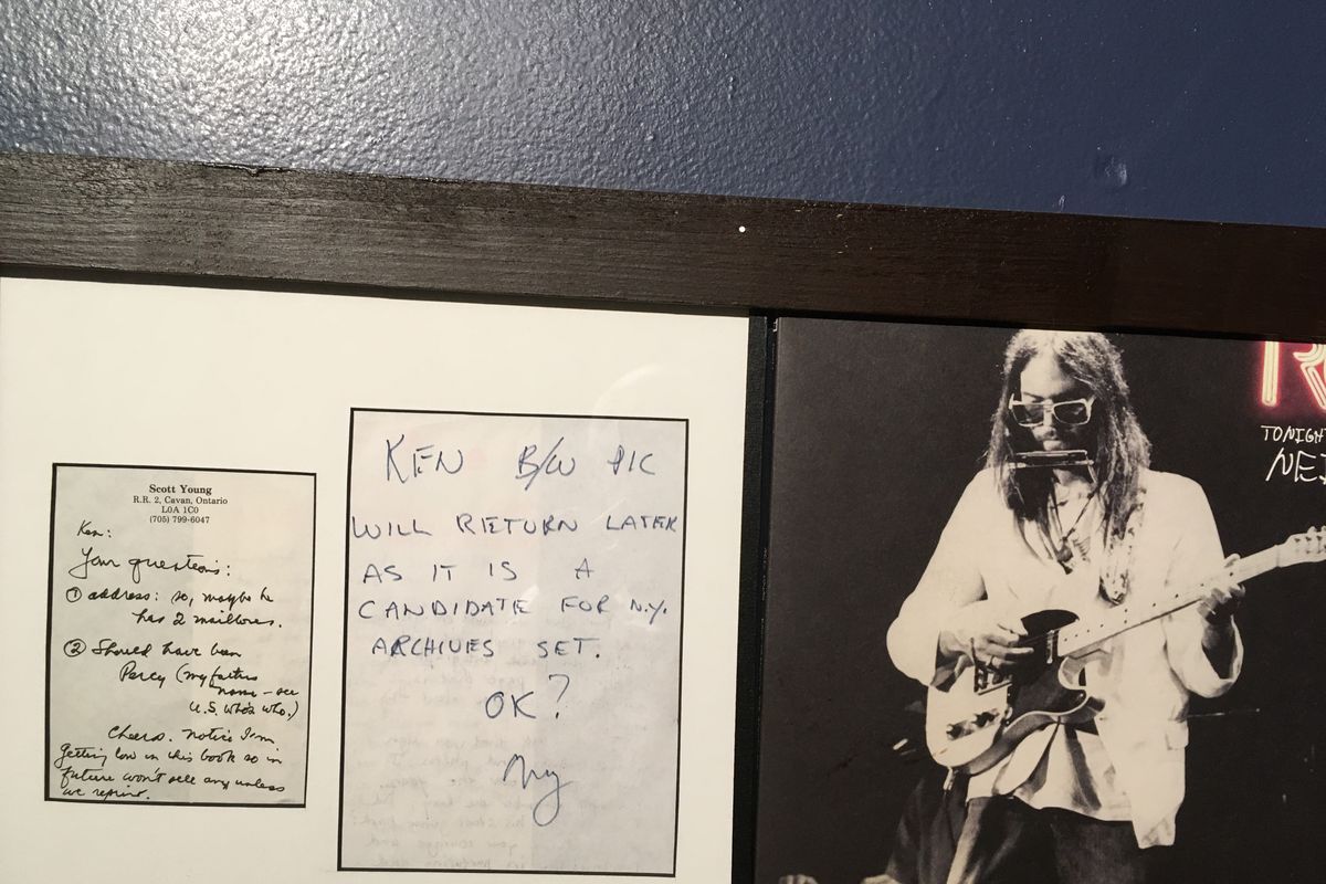 Ken Hughey of Spokane framed notes written to him by Neil Young.  (Ken Hughey)