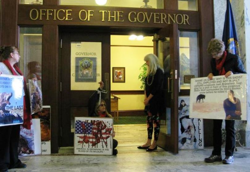 Pro-wolf protesters talk with Gov. Butch Otter's secretary after they chained a member's arm to the door of the governor's office on Monday. (Betsy Z. Russell/photo)
