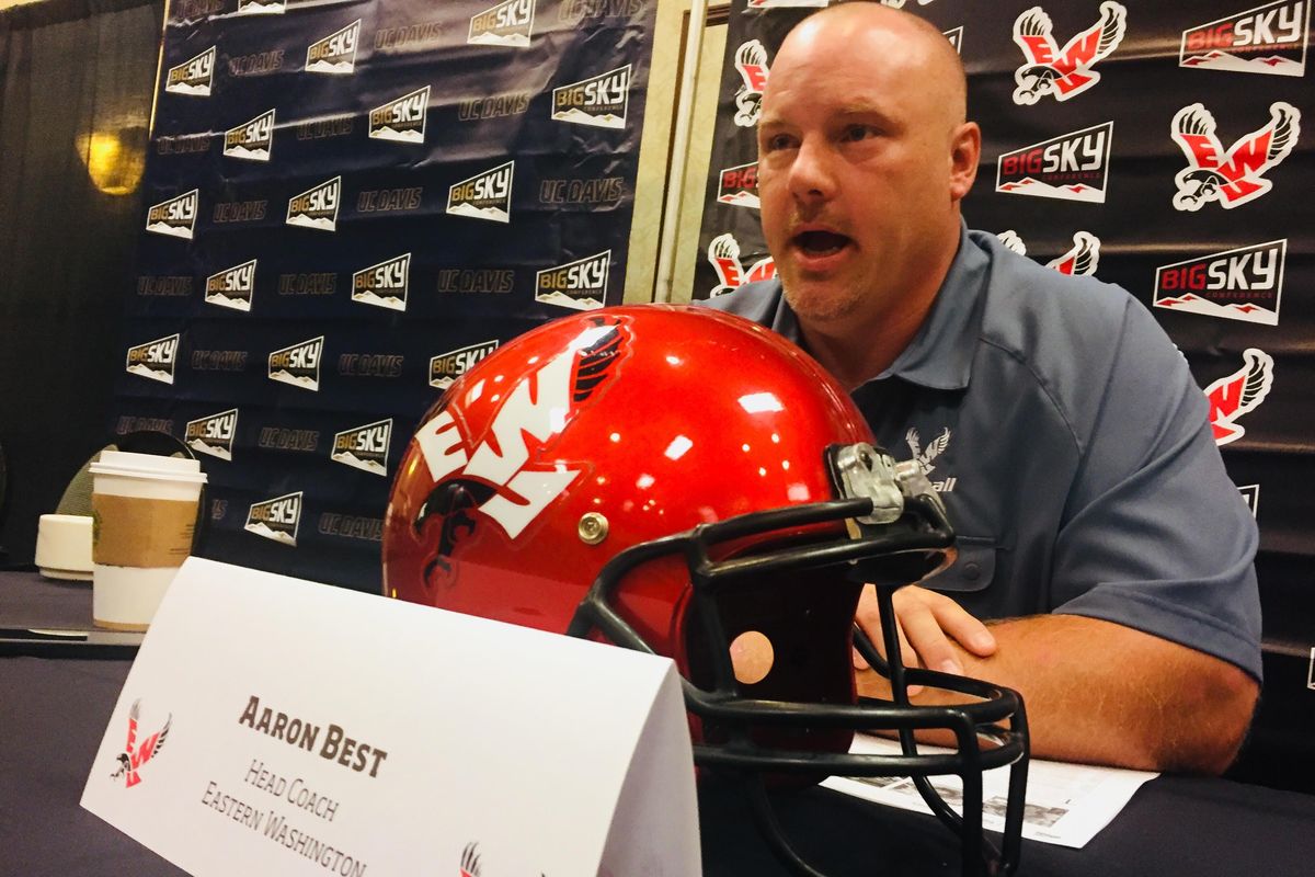 Eastern Washington head coach Aaron Bests answers question Monday during the Big Sky Conference Kickoff at the DoubleTree in Spokane. (Photo/Ryan Collingwood)