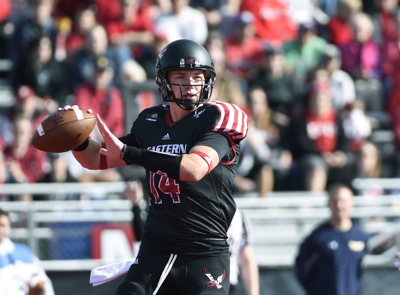 Eagles QB Jordan West was 1 for 6 for 41 yards and an interception in EWU's first scrimmage of the spring on Saturday. (Tyler Tjomsland)