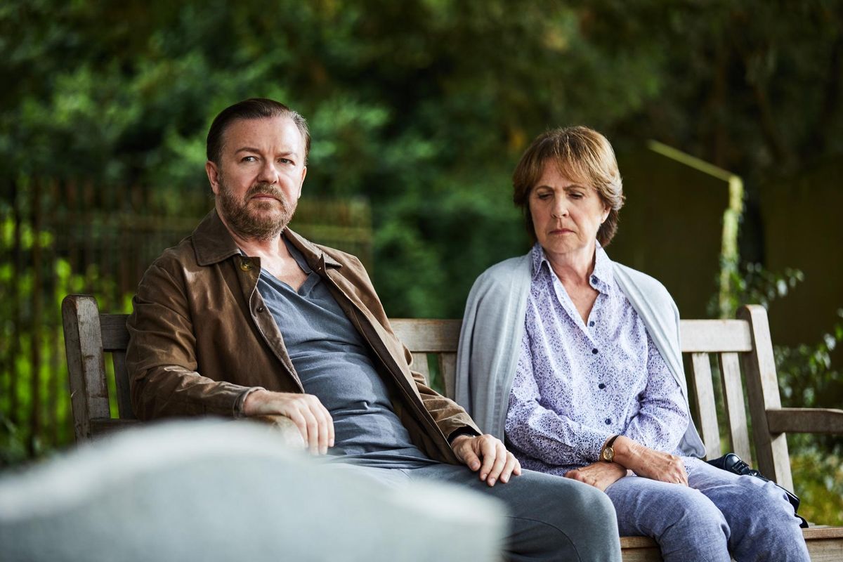Ricky Gervais and Penelope Wilton in “After Life.” (Natalie Seery / Netflix)