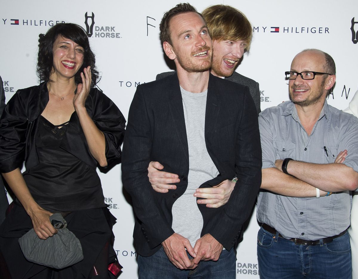 Carla Azar, left, Michael Fassbender, Domhnall Gleeson and Lenny Abrahamson attend the “Frank” premiere in New York earlier this month. (Associated Press)