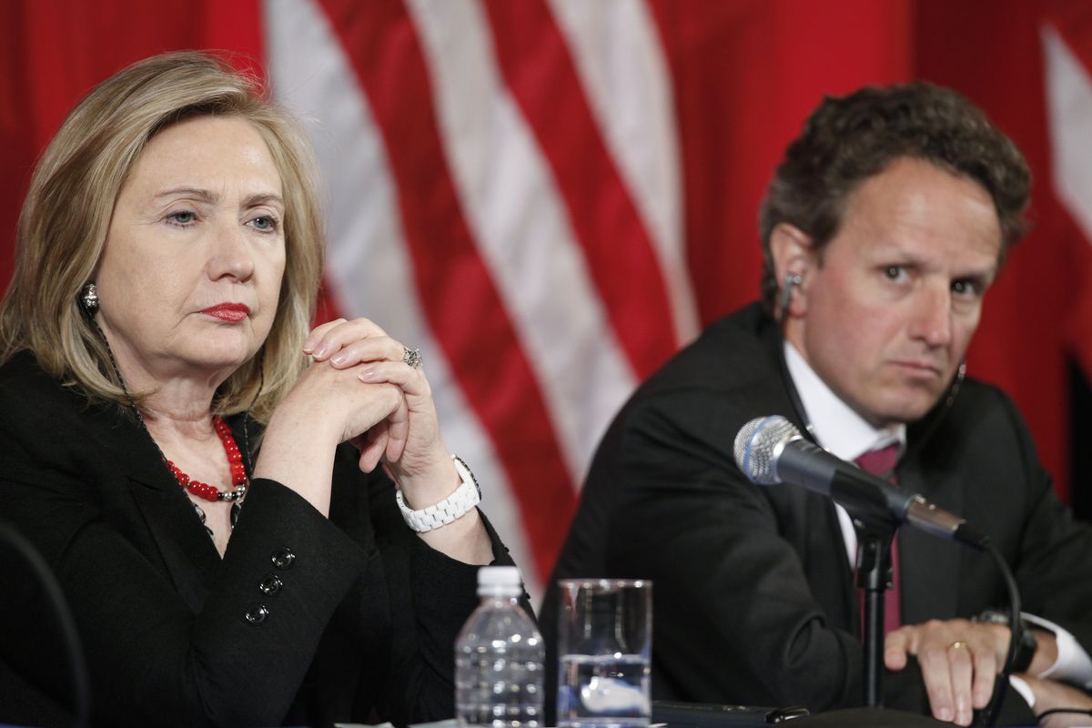 Secretary of State Hillary Rodham Clinton and Treasury Secretary Timothy Geithner, shown in a 2011 photo, will lead the U.S. in talks in China this week. (Associated Press)