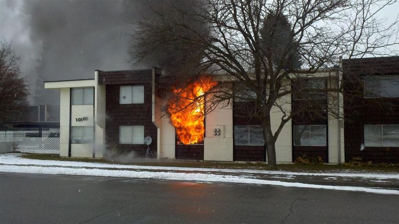 The Manor Vale Apartments at 10101 E. Main burned the morning of March 1, 2011.  (Photo courtesy Spokane Valley Fire Department)