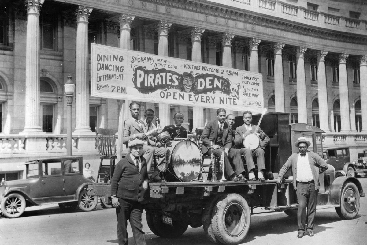 Early 1930s - Ernest J. “Jim” Brown, far right, owner and proprietor of the Pirates Den, later named the Harlem Club, stands with his club’s jazz band on a truck he used to advertise the club. The restaurant and jazz club was located on a hillside above the intersection of Fancher and Sprague, outside the city limits. The club burned down in 1951. (Photo submitted by Doris M. Aaron, Brown