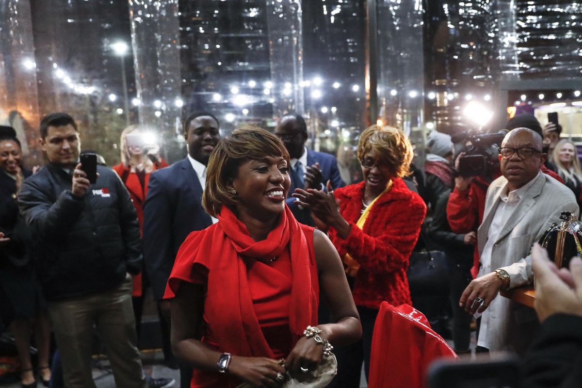 Cincinnati city council member and mayoral candidate Yvette Simpson arrives to her election night watch party at Queen City Radio, Tuesday, Nov. 7, 2017, in Cincinnati. (John Minchillo / Associated Press)