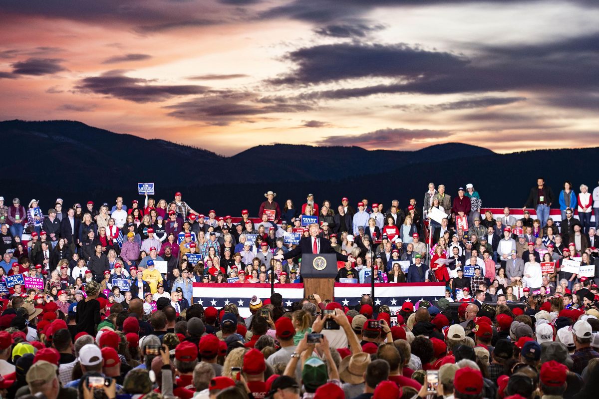 At the Missoula International Airport, President Trump speaks during a political rally, Thurs., Oct. 18, 2018, in Missoula, Montana. (Colin Mulvany / The Spokesman-Review)
