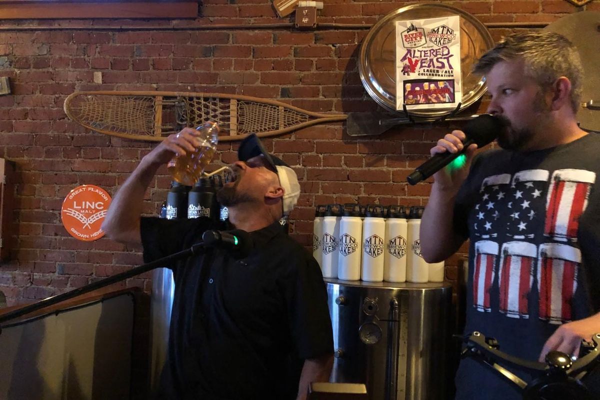 The podcast “Wheat, Wheat … Don’t Tell Me!” is recorded at 6:30 p.m. the first Wednesday of every month at Mountain Lakes Brewing Co. in downtown Spokane. Chris Cindric and Dave Basaraba are pictured here. (Courtesy of Mountain Lakes Brewing Co.)