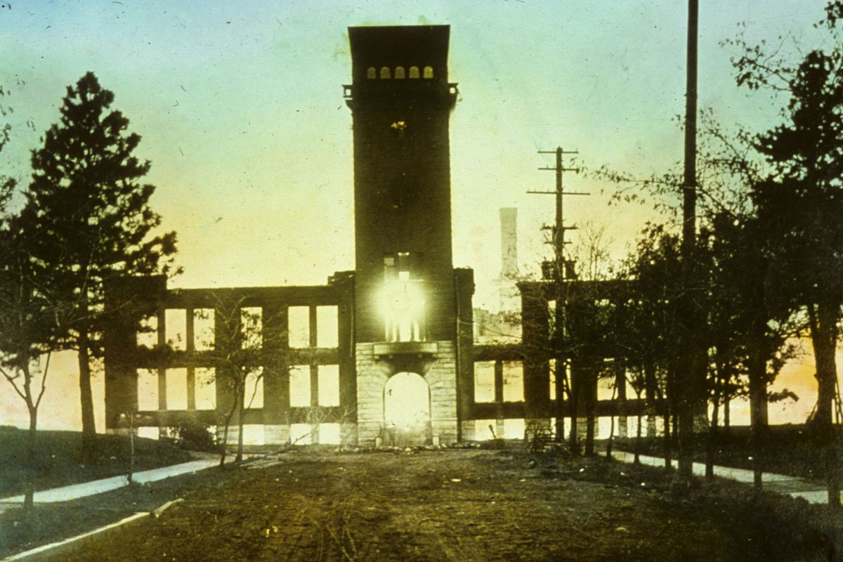 The hulk of the Normal School is seen about a day after an April 24, 1912, fire.
