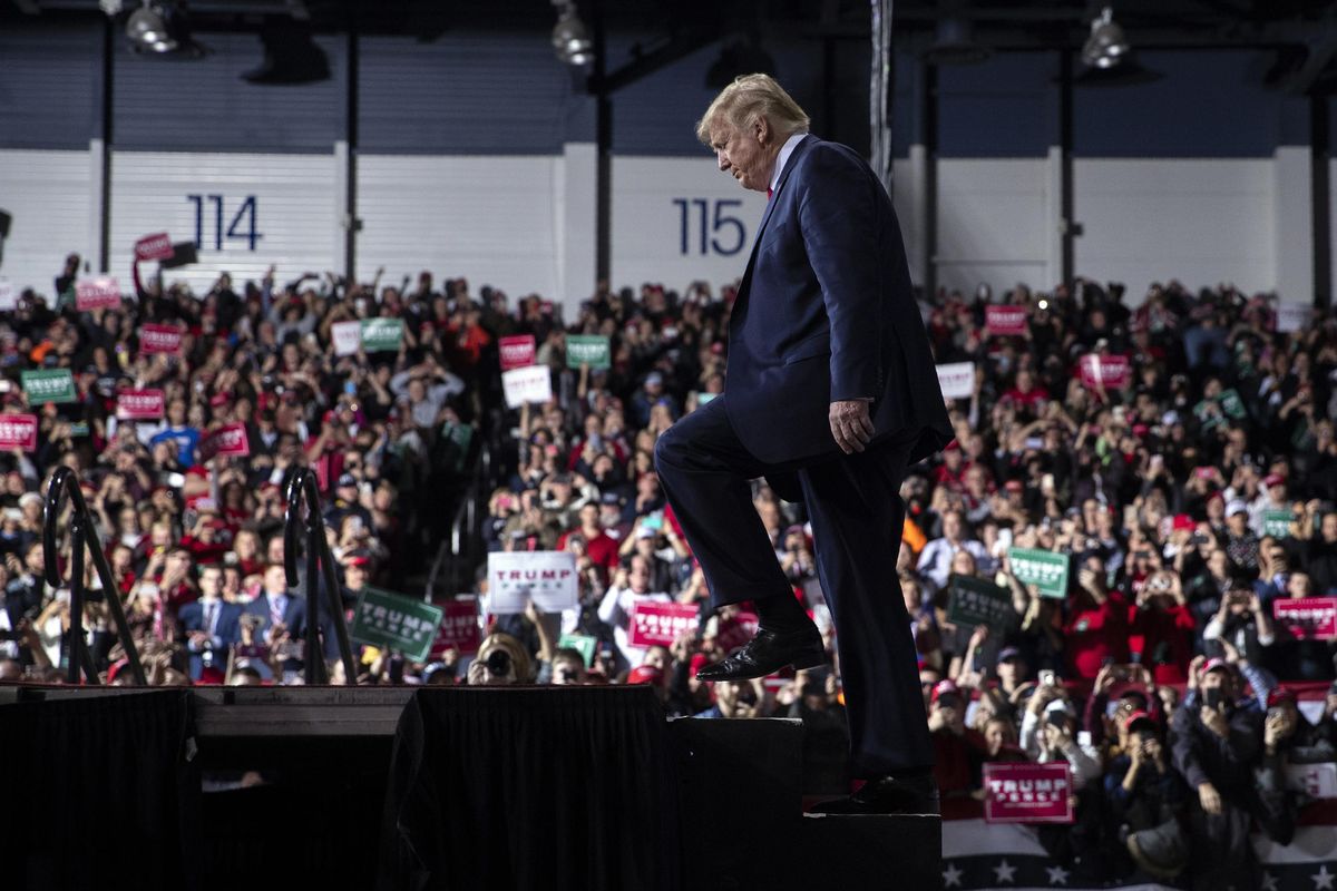 President Donald Trump arrives Wednesday, Dec. 18, 2019, at W.K. Kellogg Airport to attend a campaign rally in Battle Creek, Mich. (Evan Vucci / Associated Press)