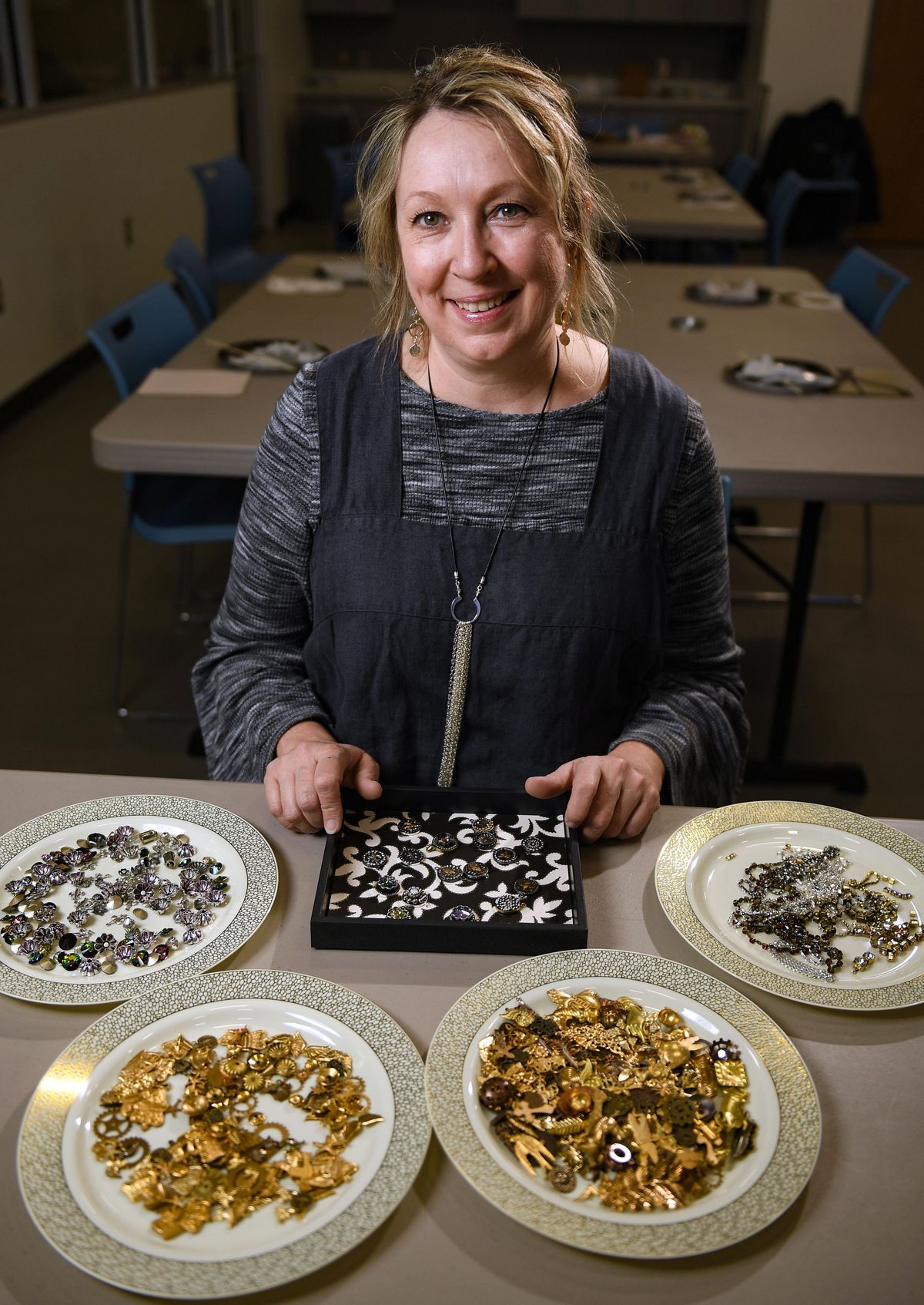 Jewelry designer Sondra Barrington is the creator in residence at the North Spokane Library this month. (Colin Mulvany / The Spokesman-Review)