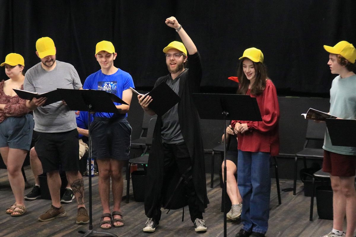Emma Woodward, left, Aaron Waltmann, Jonathan Anderson, Paul Sciarrio, Darby Shuster and Connie Mack Overstreet rehearse “Puffs,” a production running through Aug. 28 at Spokane Civic Theatre.  (Courtesy of Ryan Wasson)