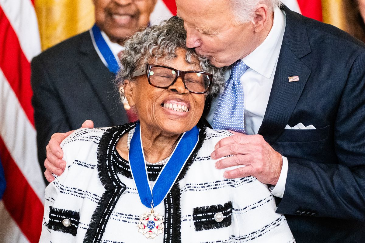 Opal Lee, who is known as the “Grandmother of Juneteenth” for her efforts to establish the federal holiday, basks in the moment after receiving the honor from President Joe Biden.  (Demetrius Freeman/The Washington Post)