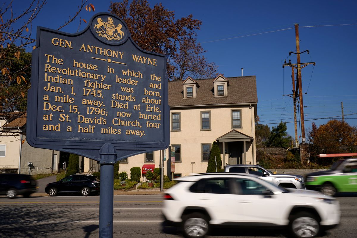 A Pennsylvania Historical Marker for Revolutionary War Gen. Anthony Wayne in Paoli, Pa., is shown Nov. 18.  (Matt Rourke)