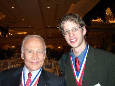 
Zach Mayne, right, with Buzz Aldrin during breakfast at the Ritz-Carlton Hotel in Washington, D.C. 
 (Photo courtesy of Zach Mayne / The Spokesman-Review)