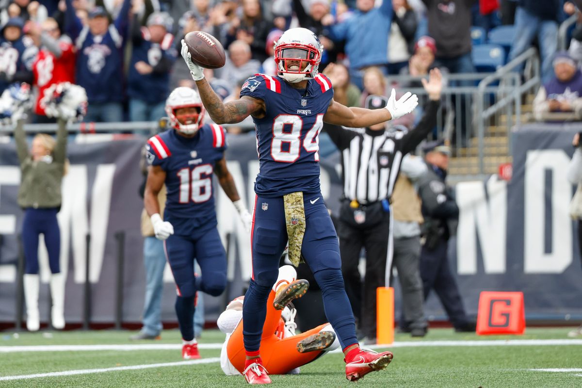 New England Patriots wide receiver Kendrick Bourne (84) celebrates after scoring a touchdown during the first half of an NFL football game against the Cleveland Browns, Sunday, Nov. 14, 2021, in Foxborough, Mass.  (Associated Press)