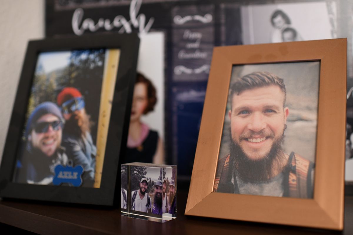 Nolan Stamm keeps images of his close friend and former roommate Jacob Ash on display in his home on June 26 in Spokane.  (OHSU/Tyler Tjomsland)