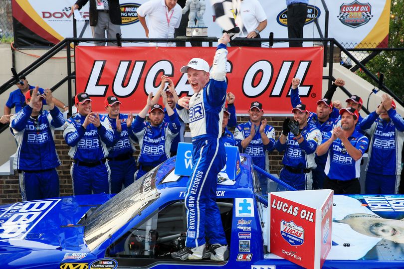 Tyler Reddick, driver of the #19 BBR Music Group Ford, celebrates in Victory Lane after winning during the NASCAR Camping World Truck Series Lucas Oil 200 at Dover International Speedway on May 29, 2015 in Dover, Delaware. (Photo Credit: Daniel Shirey/NASCAR via Getty Images) (Daniel Shirey / Nascar)
