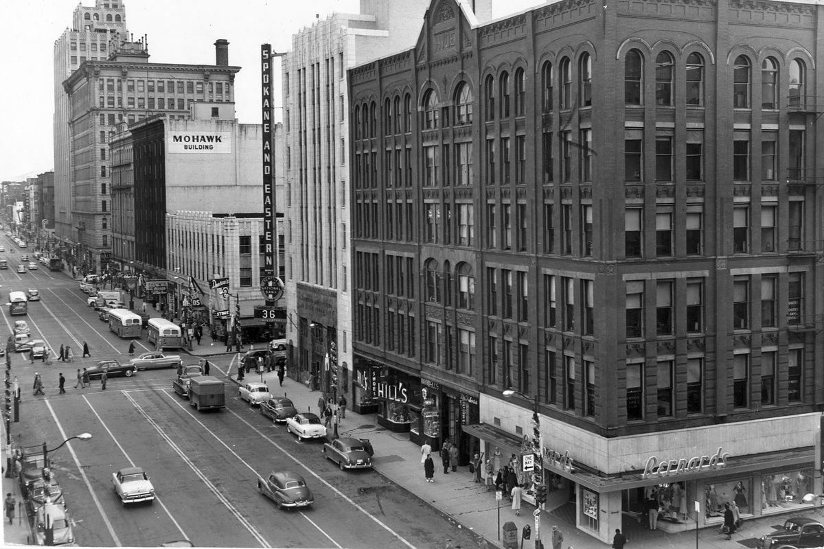 1955: The Hyde Building, right, sat at the southeast corner of Wall and Riverside, next to the Spokane and Eastern Bank.