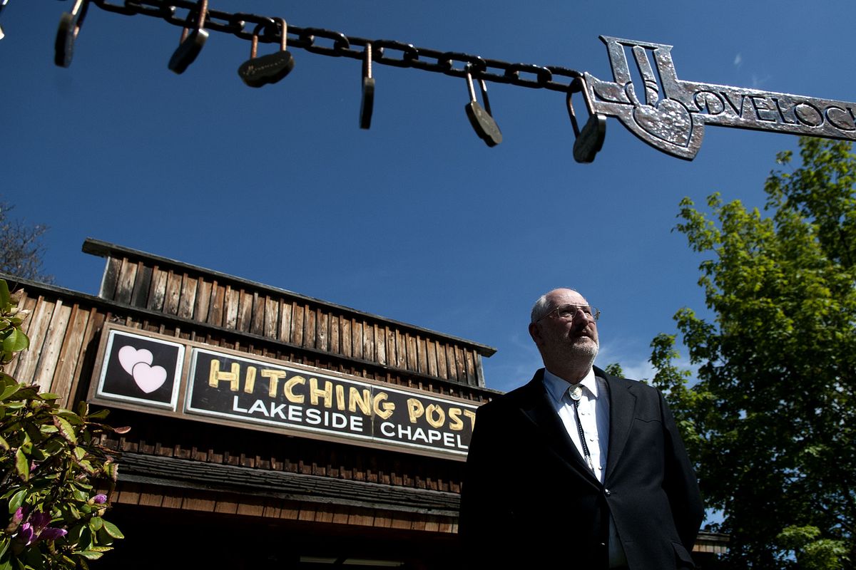 “I just can’t break what I believe,” said ordained minister Don Knapp as he stood in front of the Hitching Post Wedding Chapel in Coeur d’Alene on Wednesday, May 14, 2014. Knapp says the chapel will refuse to officiate weddings for same-sex couples. (Kathy Plonka)