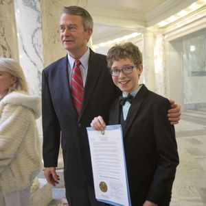 Carson Magee of Coeur d'Alene, right, with Lt. Gov. Brad Little in the Idaho Capitol on Monday (Idaho Statesman / Katherine Jones)