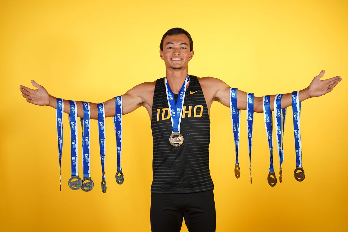 Idaho Vandals sprinter Spencer Barrera, a Mt. Spokane High graduate, poses with his track and field medals during media day.  (Courtesy of Idaho Athletics)