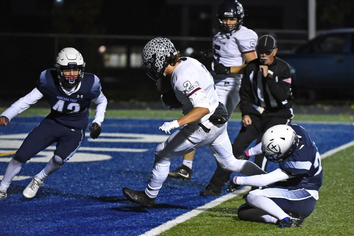 Mt. Spokane wide receiver Bradley Runge scores a touchdown against Gonzaga Prep during the first half of Friday’s Greater Spokane League 4A/3A game.  (James Snook)