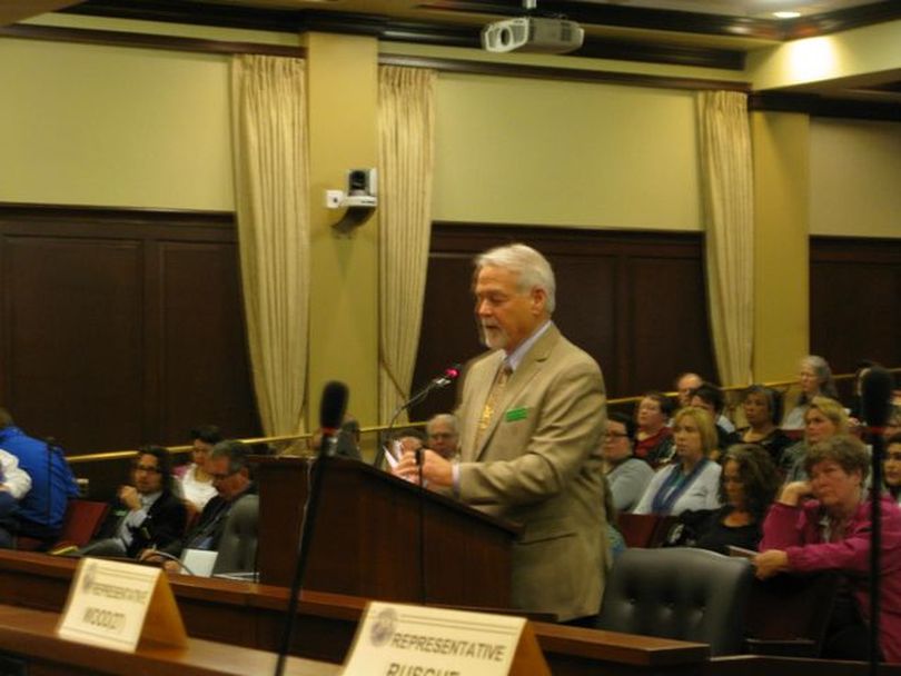 Steve Millard, president of the Idaho Hospital Association, is one of the few testifying in favor of HB 221, the Medicaid cuts bill, at Tuesday's public hearing. (Betsy Russell)