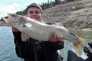 
Jeffery Knudtson, 14, caught this 10.25-pound walleye in the Columbia River near Hawk Creek on April 2, while fishing with his father, Mike Knudtson. The 29-inch fish was Jeffery's first walleye. 
 (Photo by Mike Knudtson / The Spokesman-Review)