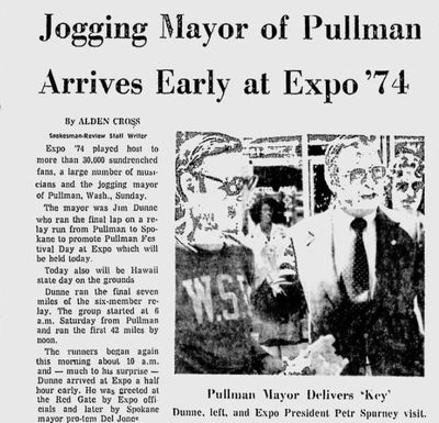 Jim Dunne, the “jogging mayor of Pullman,” made an unusual entrance into Expo ’74 for Pullman Day.  (Spokesman-Review archives)