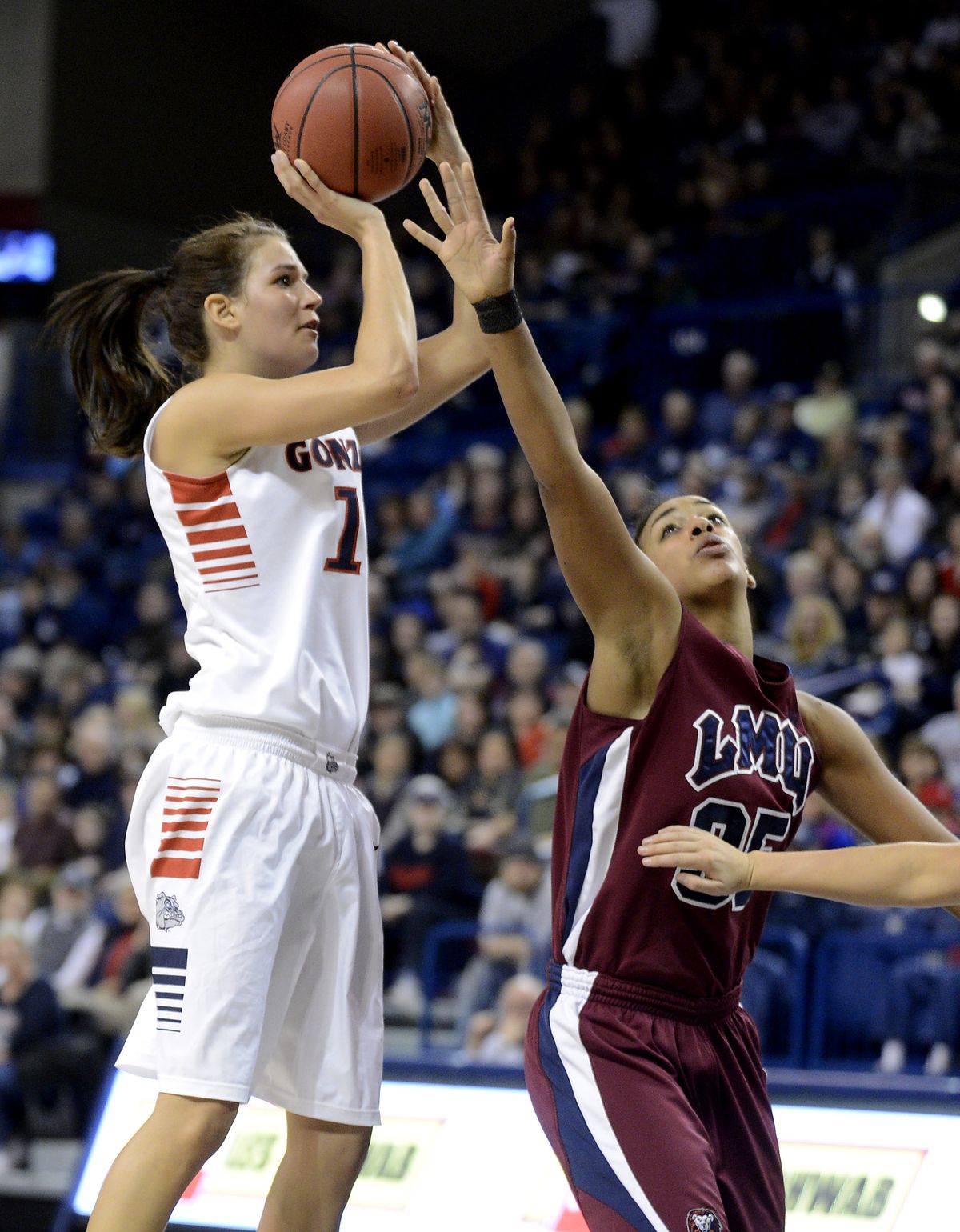 GU’s Sunny Greinacher shoots for two of her 17 second-half points, finishing with a career-high 21. (Colin Mulvany)