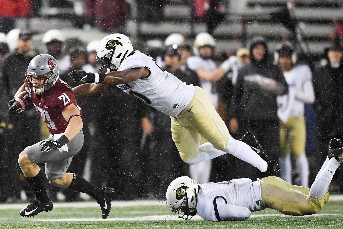 Washington State Cougars running back Max Borghi (21) runs the ball during the second half of a college football game on Saturday, October 19, 2019, at Martin Stadium in Pullman, Wash. WSU won the game 41-10. (Tyler Tjomsland / The Spokesman-Review)