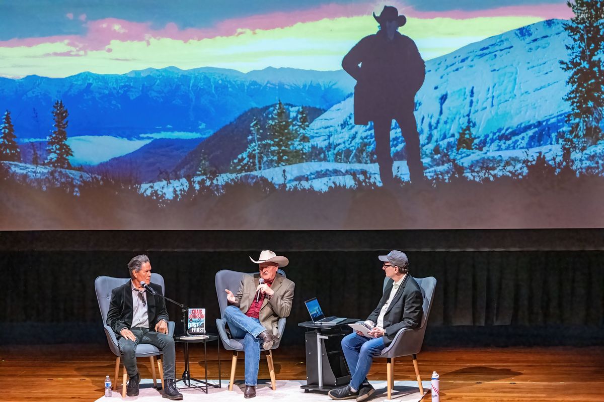 “Longmire” actor A Martinez, left, author Craig Johnson and Spokesman-Review editor Rob Curley discuss Johnson’s 20th novel in the Walt Longmire mystery series, “First Frost,” at the Northwest Passages book launch at the Myrtle Woldson Performing Arts Center on the Gonzaga University campus Tuesday in Spokane.  (Colin Mulvany/The Spokesman-Review)