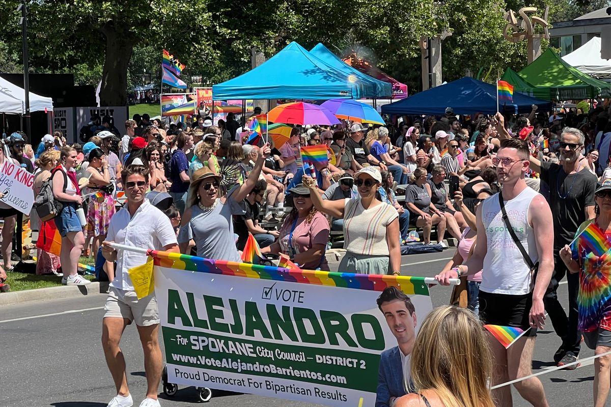 Alejandro Barrientos’ campaign for city council participated in the Spokane Pride Parade on June 14. (Jonathan Brunt/The Spokesman-Review)