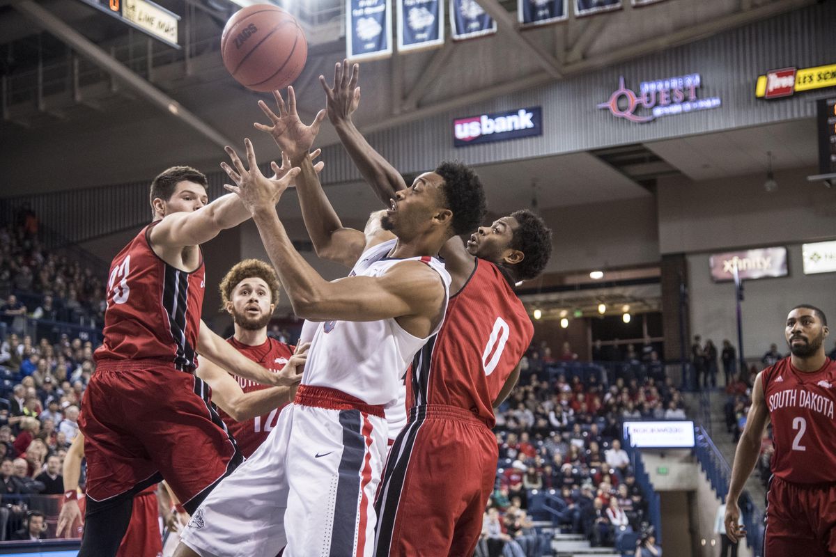 Gonzaga forward Johnathan Williams battles down low for a rebound against South Dakota, Dec. 21, 2016, in the McCarthey Athletic Center. (Dan Pelle / The Spokesman-Review)