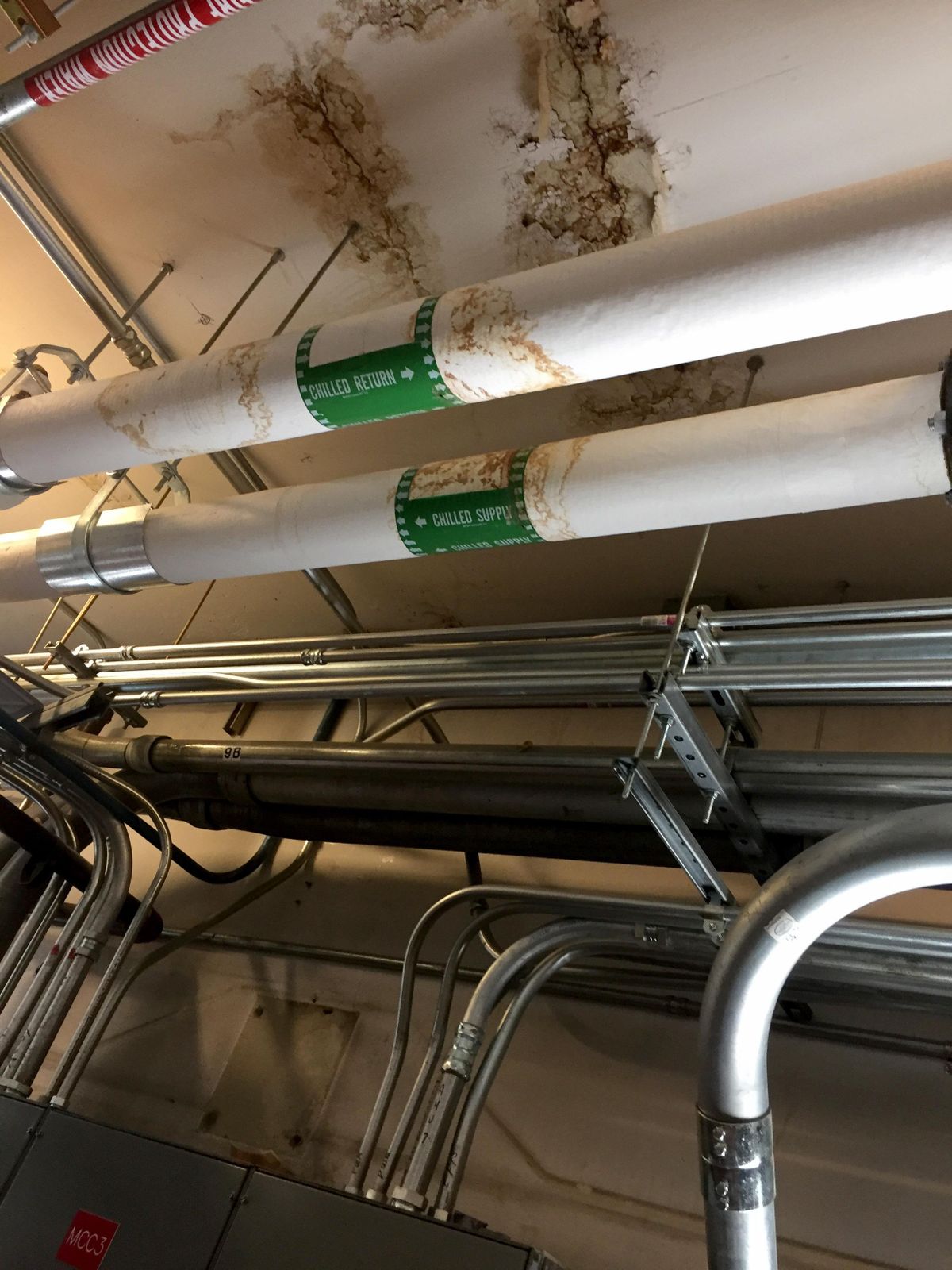 This photo shows the leak in the roof at Mann-Grandstaff VA Medical Center in Spokane. The leak, which apparently has gone unfixed for five years, has been allowing water to fall very near the electrical grid (bottom) which fuels electricity to the entire hospital. (Courtesy of the office of U.S. Rep. Cathy McMorris Rodgers)