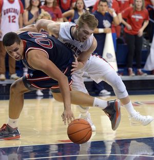 St. Mary's forward Brad Waldow (0) and Gonzaga forward Domantas Sabonis (11) tangle up over a loose ball in the first half of a men's NCAA college basketball game, Thurs., Jan. 22, 2015, at the McCarthey Athletic Center in Spokane, Wash. (Colin Mulvany / The Spokesman-Review)