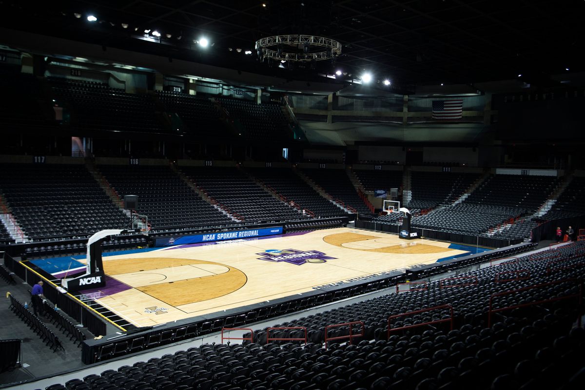 A basketball court is laid out inside the Spokane Arena on March 21, 2018, ahead of the women’s NCAA Tournament regional round.  (Jesse Tinsley/THE SPOKESMAN-REVIEW)